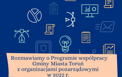 na granatowym tle ikonki aktywności i pole w kolorze cielistym z tekstem "Rozmawiamy o Programie współpracy Gminy Miasta Toruń  z organizacjami pozarządowymi w 2020 r."