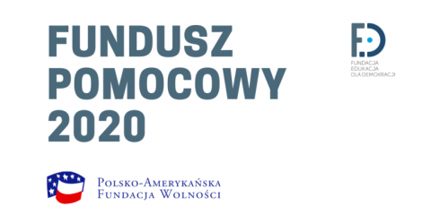 plakat promujący grant, szary tekst Fundusz Pomocowy 2020 na białym tle 