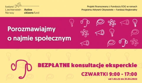 grafika projektu Społecznej Agencji Najmu, na żółtym tle informacja o konsultacjach bezpłatnych