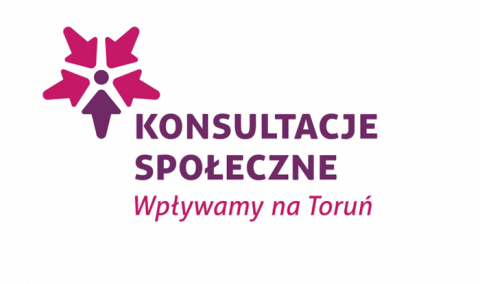 Fioletowy napis konsultacje społeczne na białym tle.Różowy napis Wpływamy na Toruń