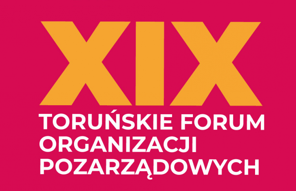 Napis XIX Toruńskie Forum Organizacji POzarządowych. Żółte i białe litery na malinowym tle.