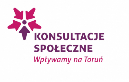 logo konsultacji społecznych z dopiskiem wpływamy na Toruń, 4 strzałki skierowane do środka w kolorze różowym i jedna strzałka w kolorze fioletowym 
