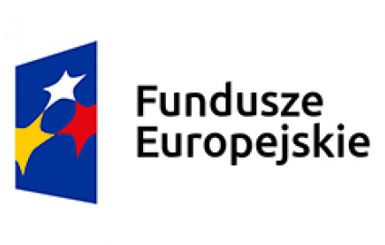 napis w kolorze czarnym - Fundusze Europejskie wraz z logotypem w kolorze niebieskim z gwiazdkami - białą, żółtą, czerwoną