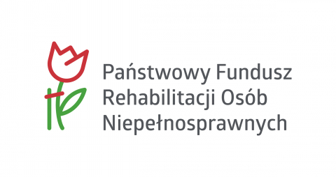 logo Państwowego Funduszu Rehabilitacji Oóśb Niepełnosprawnych, tekst szary na białym tle, po lewej czerwony tulipan przy lasce