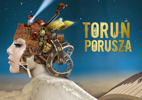 grafika Toruń porusza zloty napis na turkusowym tle