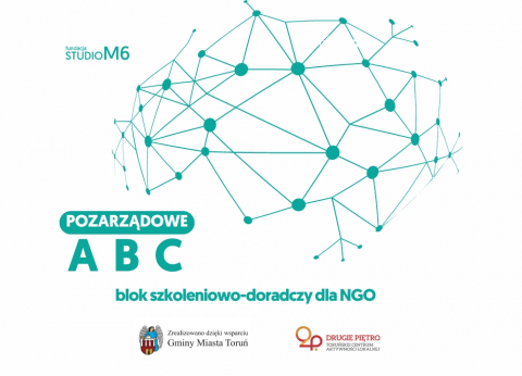 Plakat promujący szkolenia dla ngo w kolorach różowych i seledynowych